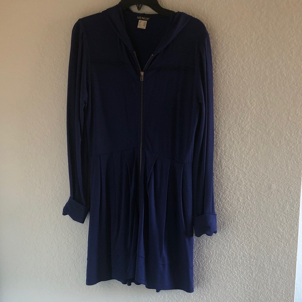 Venus Navy Blue Zip-Up Dress with hood and pockets.  Size medium.